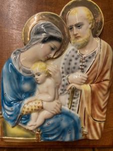 Antica placca  in maiolica “ Sacra famiglia “Mica Sesto fiorentino 1940. Mis 36 x28 